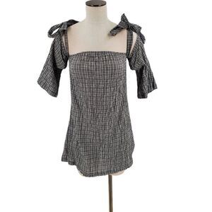 Urban Renewal Top Cold Shoulder With Tie Short Sleeve Black White Plaid Medium